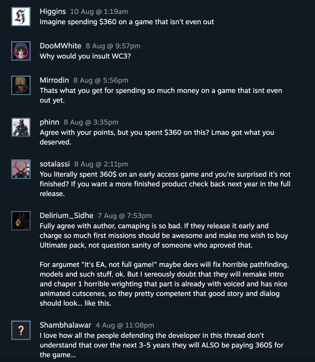 Some users commenting on a negative review on the Steam page for Stormgate.